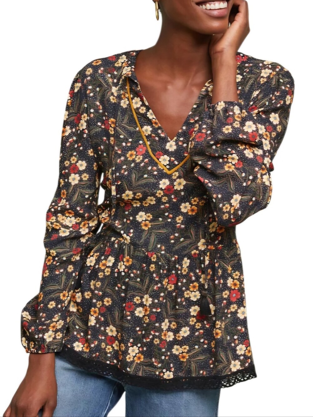 0178 FARM Rio Anthropologie Medium Floral Boho Peasant Blouse Tassel Cottagecore